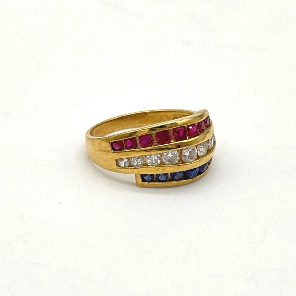 Gold Vermeil Sterling Silver Red‎ White Blue Channel Set Triple Row Ring Size 10